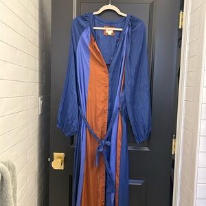 Blue and Rust Button-Front Maxi Dress
